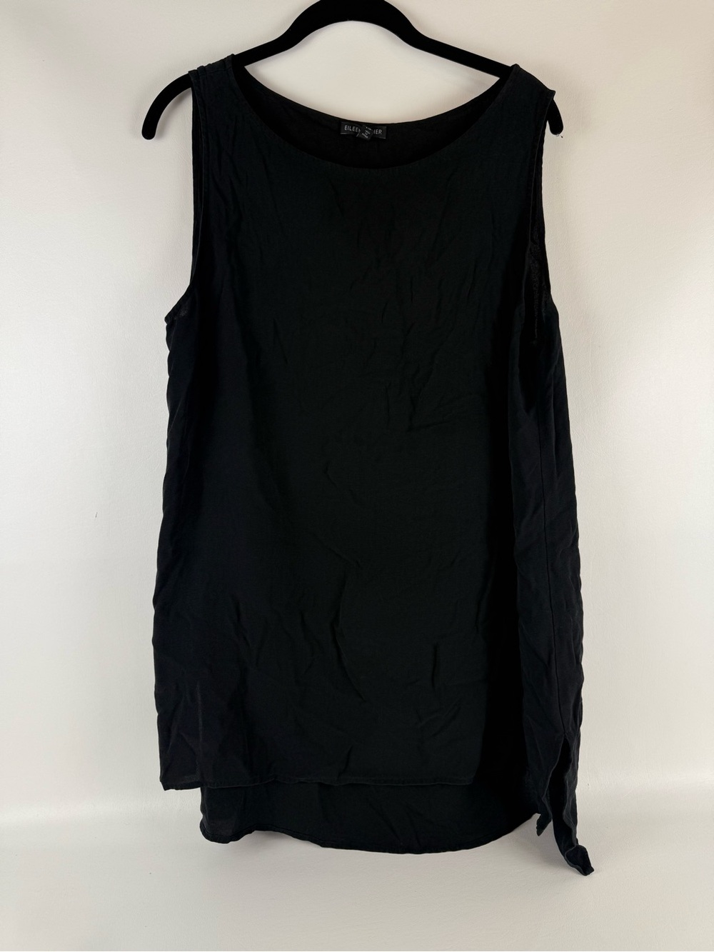 Eileen Fisher Black 100% Silk Tank Top Side Slit Scoop Neck Large L Minimalist
